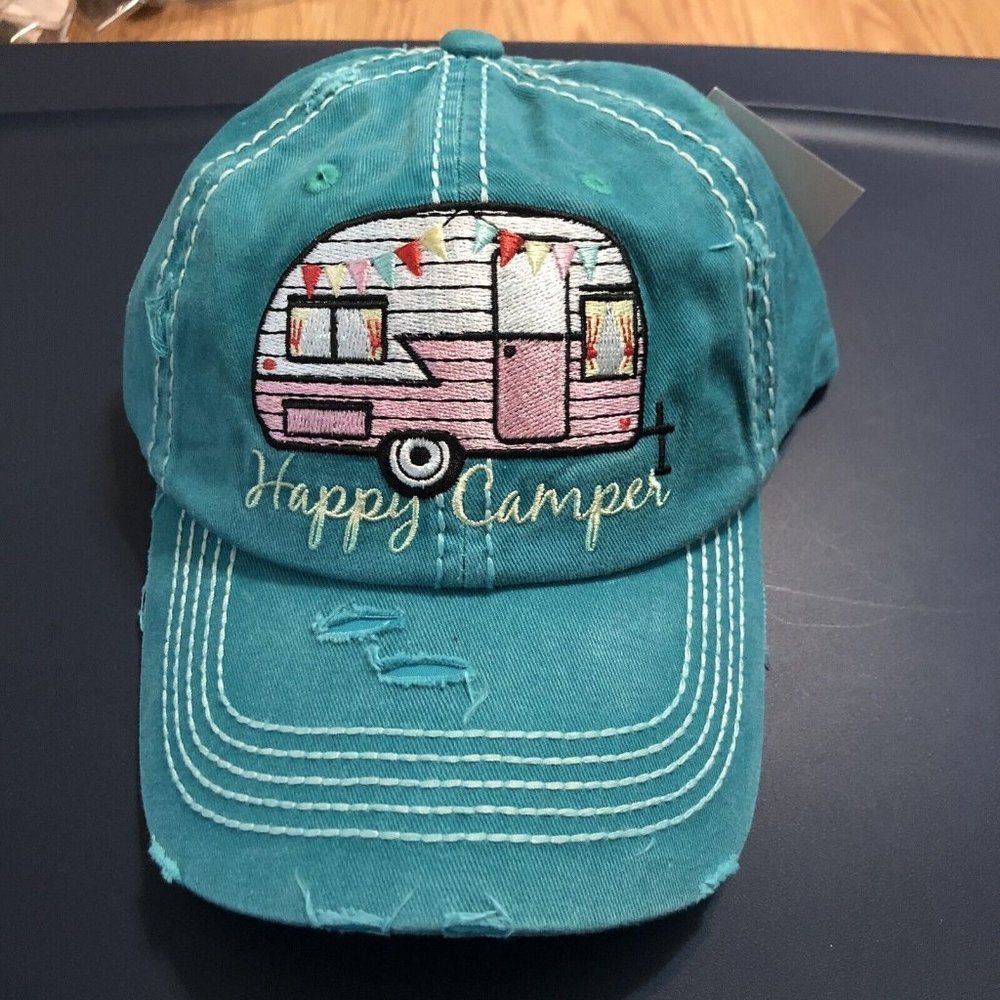Turquoise "Happy Camper" Distressed Embroidery Hat adjustable straps